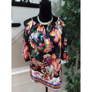 Thalia Sodi Women Multi Floral Round Neck Cold Shoulder Sleeve Top Blouse Size L